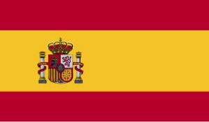Flag of Spain with horizontal stripes of red and yellow, featuring the coat of arms in the center.